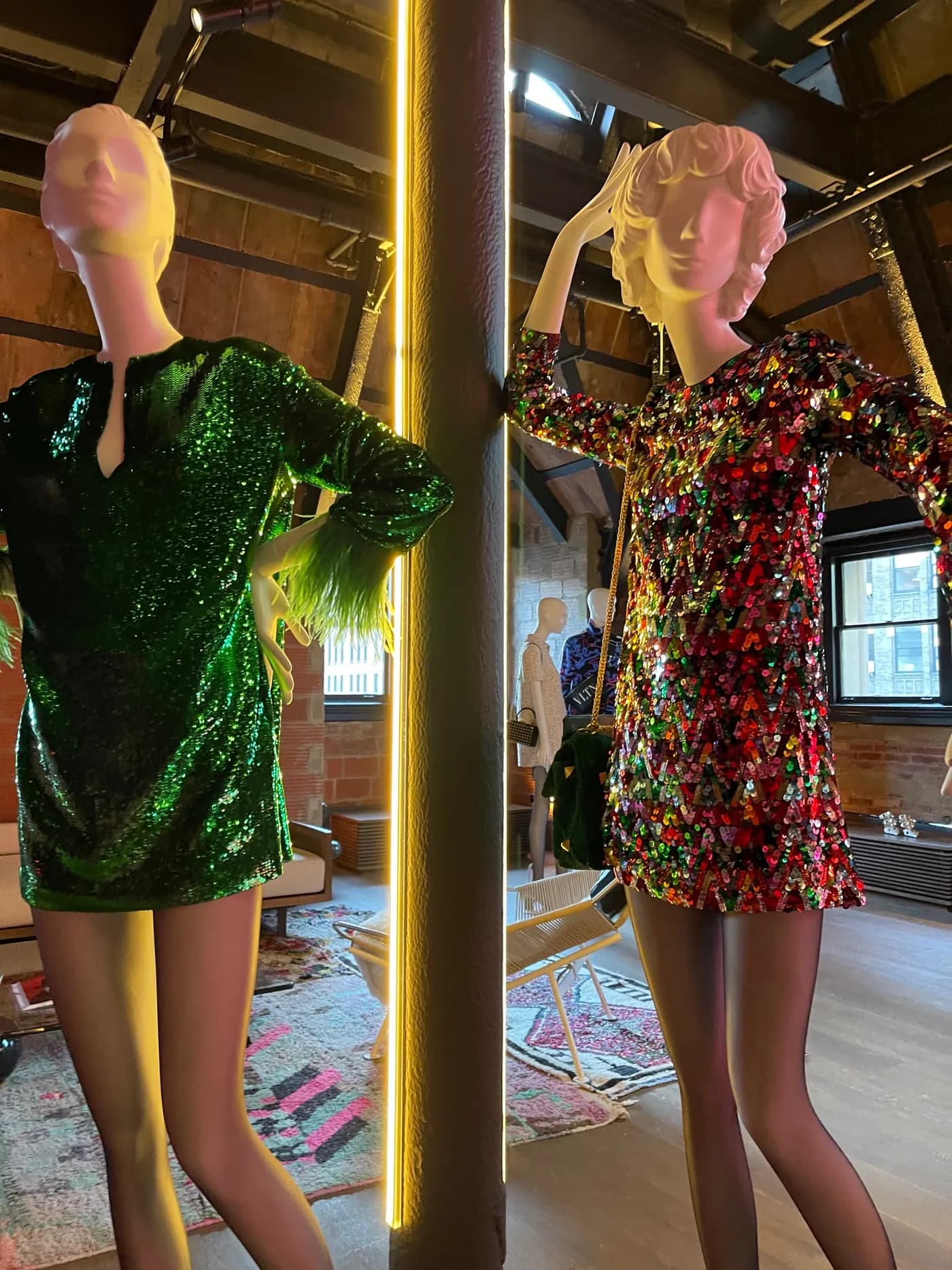 Sequined Valentino dresses on sculptural mannequins