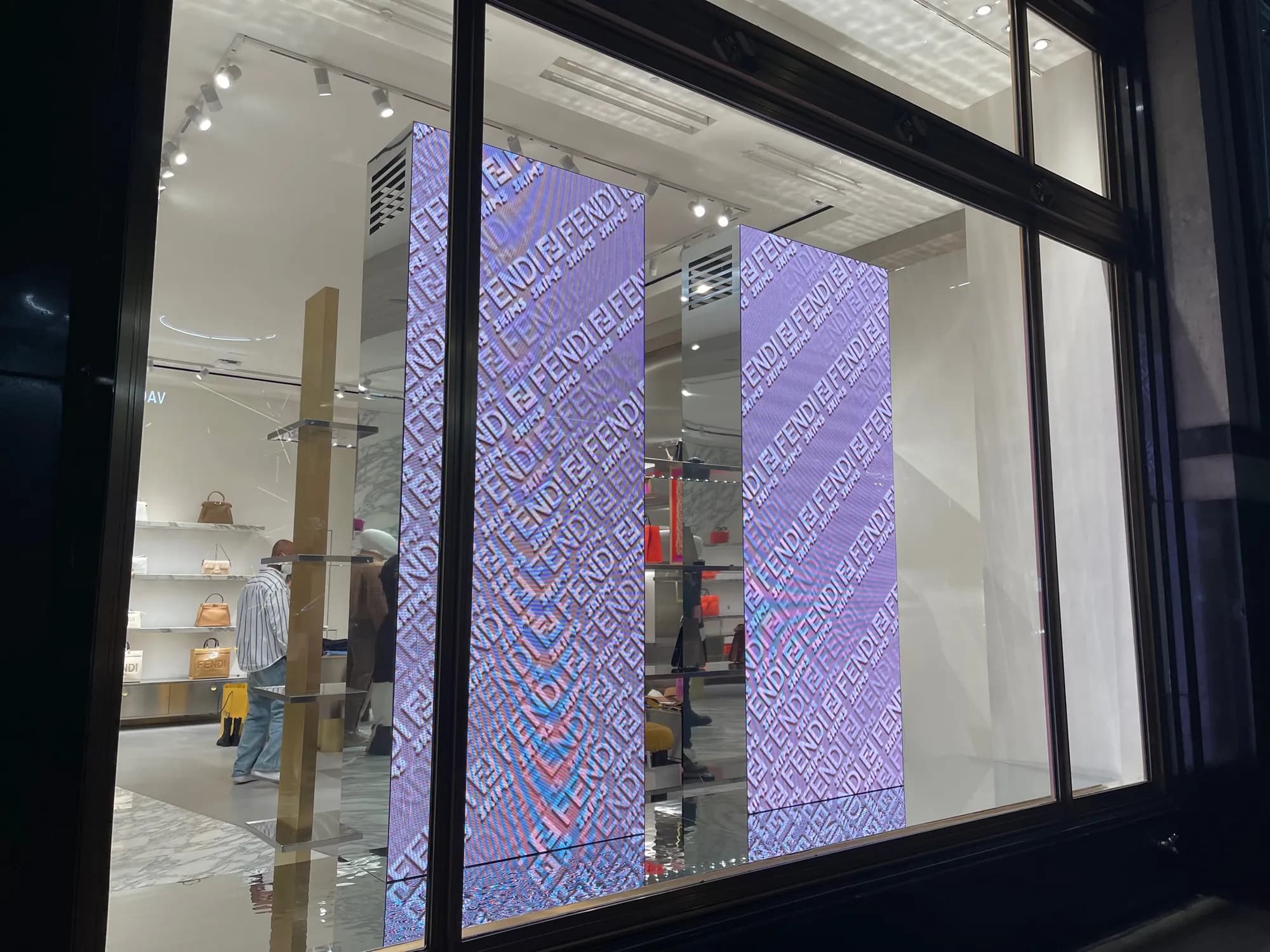 Fendi x Skims window with twin LED columns displaying the FF pattern