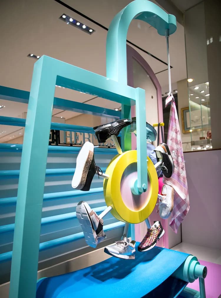 Detail of a turquoise Hermès window sculpture with shoes displayed on a yellow ring