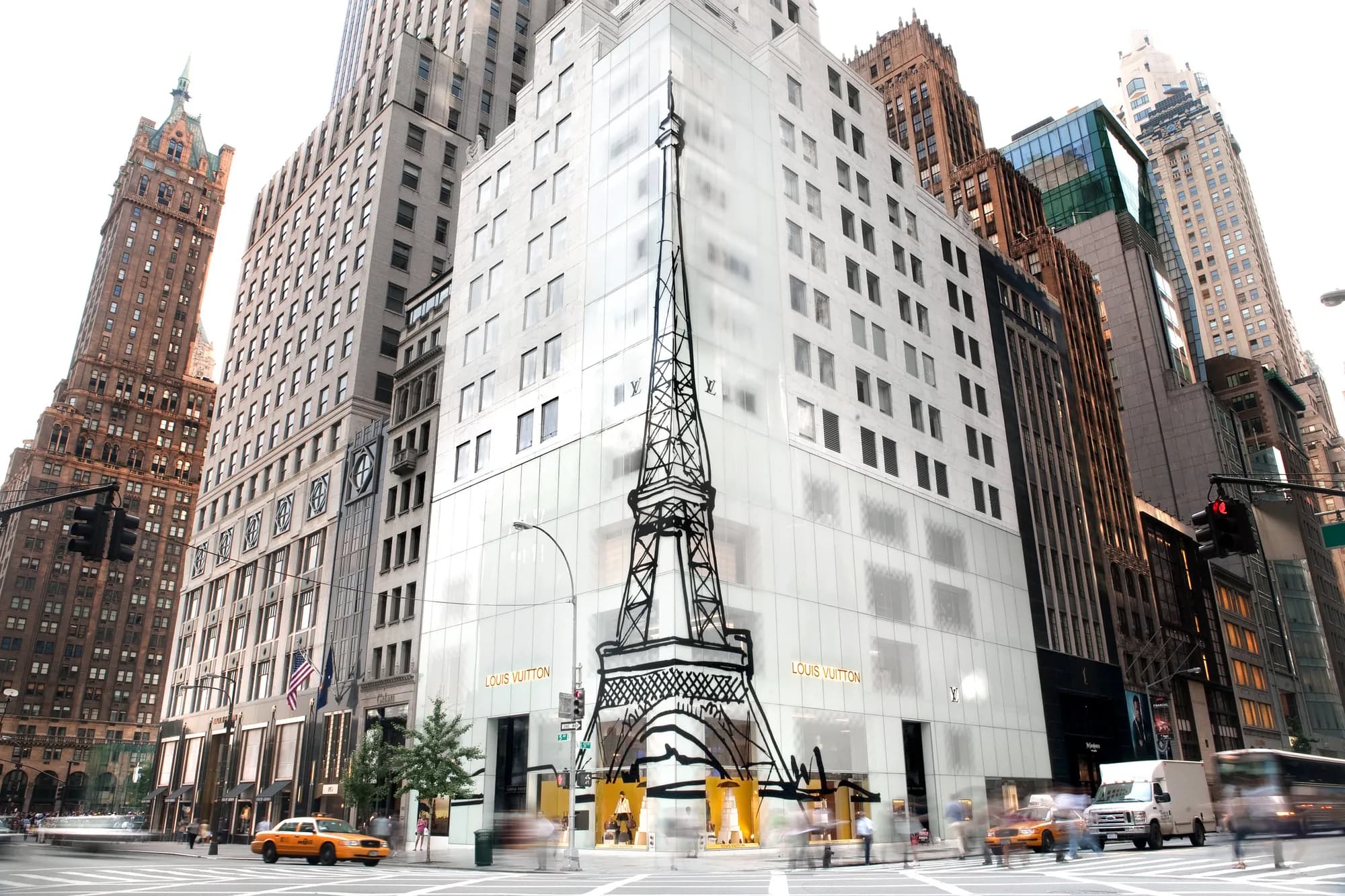 Louis Vuitton facade printed with a hand-drawn Eiffel Tower illustration, New York