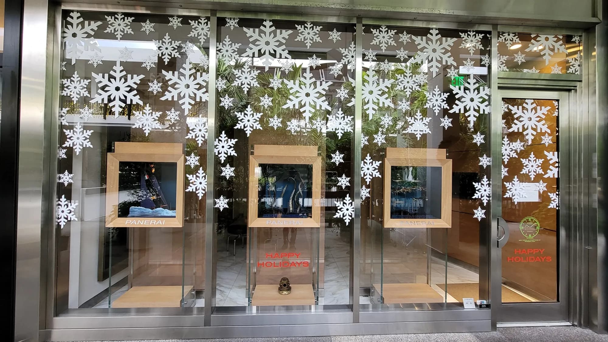 Panerai Bal Harbour storefront with cascading snowflake window graphics