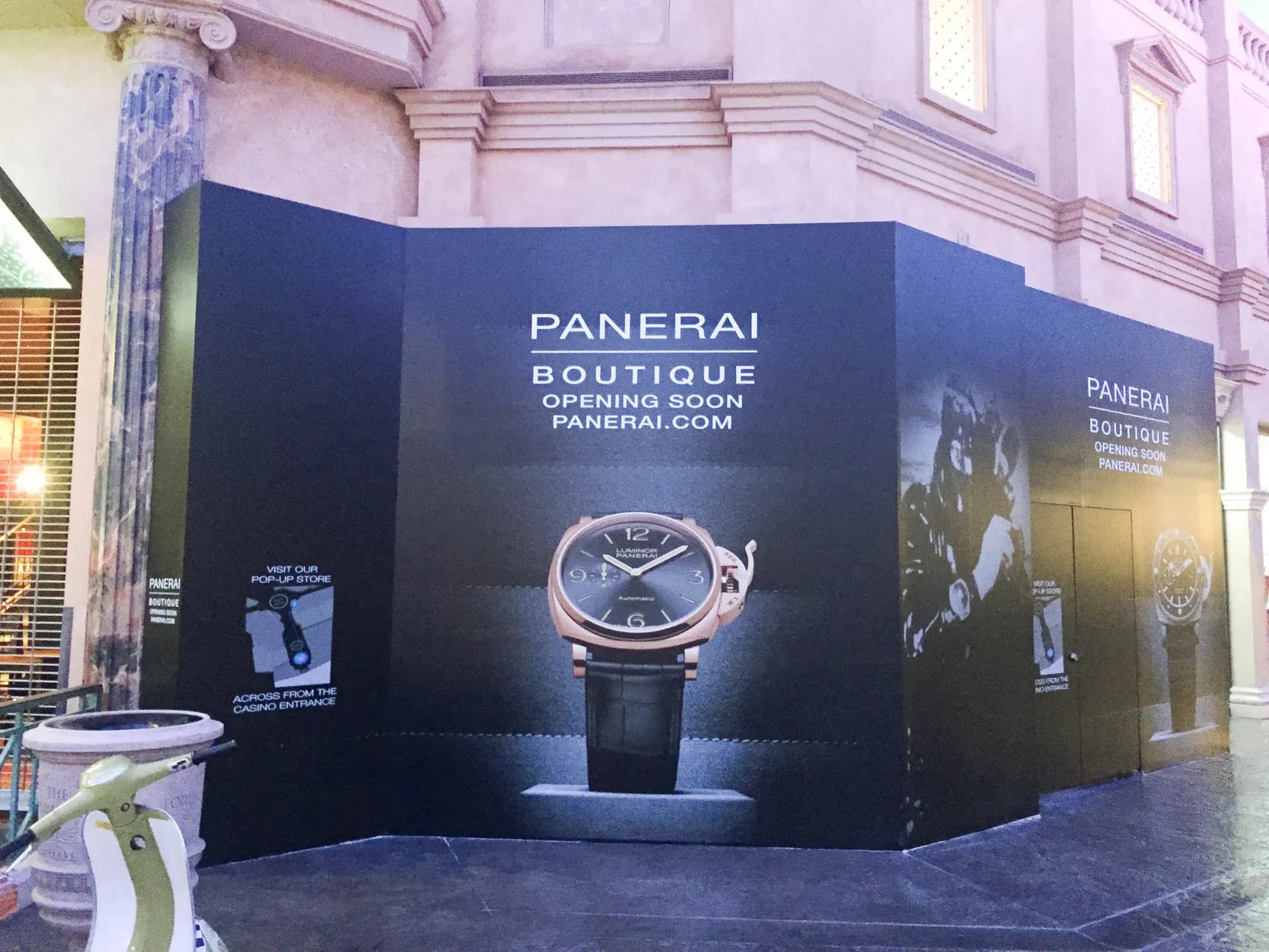 Panerai boutique barricade in Las Vegas wrapped in watch imagery and opening soon graphics